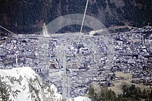 Bird eye view of Chamonix, where urbanity and alpine nature intertwine.