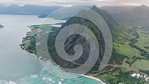 Bird eye view of cinematic Hawaii island, Paradise Oahu. USA tourism background