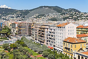 Bird-eye view of colorful historical houses in Nice city, France