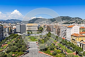 Bird-eye view of colorful historical houses in Nice city, France