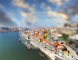 Bird eye view of Douro riverside from the Dom Luiz bridge , Porto , Portugal