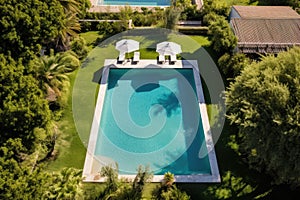 a bird-eye view of an elegant swimming pool by a villa