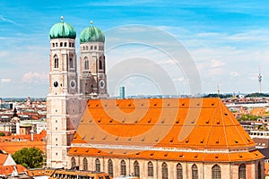 Bird eye view of famous Frauenkirche church in Munich, travel destinations in Bavaria concept