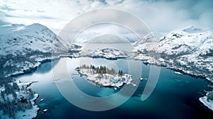 Bird eye view of fjord, lake and snow mountains, In Scandinavia Winter Season, Generative AI