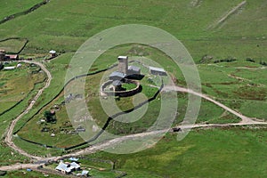 Bird eye view on Lamaria Church of the Virgin Mary in Ushguli community, Georgia