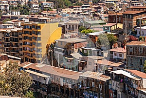 Bird eye view on poor and middle class neighborhood, Valparaiso, Chile