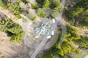 Bird eye view to base radio station pole for mobile telephony and wireless computer networking