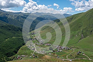 Bird eye view on Ushguli community, Upper Svaneti, Georgia.