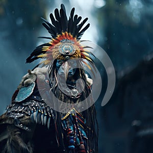 Bird-faced deity portrait, modern interpretation loosely based on Aztec or Native American mythology and design. Generative AI photo