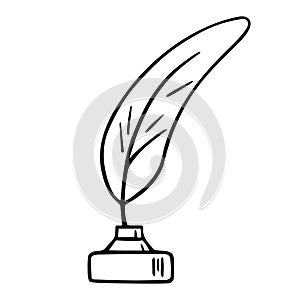 Bird feather quill and inkwell, writing ink pen, hand drawn outline, doodle sketch. Freehand, minimalism style, line art. Isolated