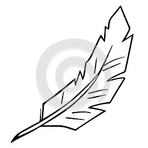 Bird feather quill, writing ink pen, hand drawn outline, doodle sketch. Freehand, minimalism style, line art. Isolated. Vector