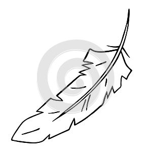 Bird feather quill, writing ink pen, hand drawn outline, doodle sketch. Freehand, minimalism style, line art. Isolated. Vector
