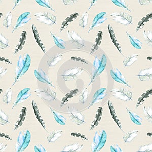 Bird feathers. Repeated wallpaper pattern. Watercolor