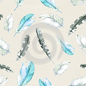 Bird feathers. Repeating pattern. Watercolor