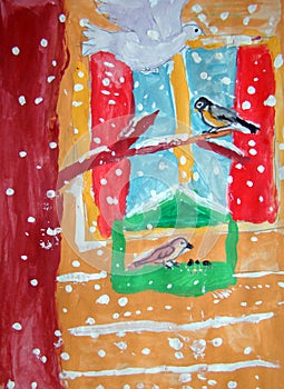 Bird feeder - gouache painting made by child