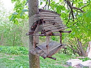 Bird feeder made of wooden sticks