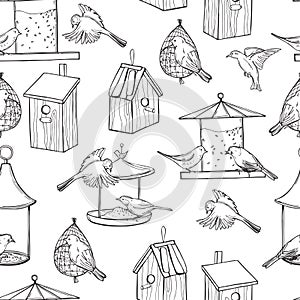Bird feeders, birdhouses and birds. Vector   pattern