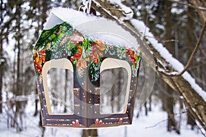 Bird feeders. A colorful, homemade bird feeder on the tree. Winter bird feeder in the park, forest