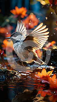 Bird flapping its wings in pond of water. Generative AI