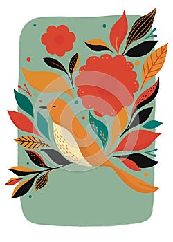 Bird in floral for birthday or other greeting card with copy space. Animal in green red orange colors of flower and botanical