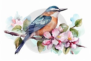 bird on flower branch watercolor isolated on white background spring illustration Watercolor-style Nature print for design