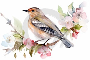 bird on flower branch watercolor isolated on white background spring illustration Watercolor-style Nature print for design