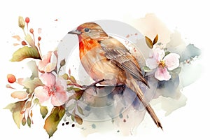 bird on flower branch watercolor isolated on white background spring illustration Watercolor-style Nature print for design