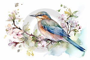 bird on flower branch watercolor isolated on white background spring illustration Watercolor-style Nature print for design