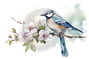bird on flower branch watercolor isolated on white background spring illustration Watercolor-style Nature print for design