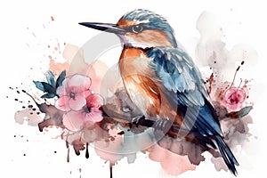 bird on flower branch watercolor isolated on white background spring illustration Watercolor-style Nature print for design