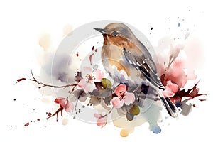 bird on flower branch watercolor isolated on white background spring illustration Watercolor-style Nature print for design