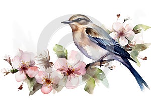 bird on flower branch watercolor isolated on white background spring illustration Watercolor-style Nature print for design