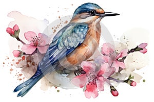 bird on flower branch watercolor isolated on white background spring illustration Watercolor-style Nature print for design