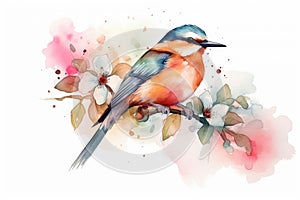 bird on flower branch watercolor isolated on white background spring illustration Watercolor-style Nature print for design