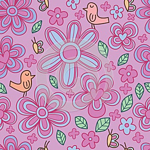 Bird flower butterfly cute pastel seamless pattern