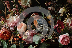 Bird flowers barocco. Generate Ai photo