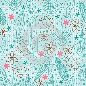 Bird Flowers Line Draw Seamless Pattern_eps