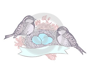 Bird, flowers, nest, eggs and banner