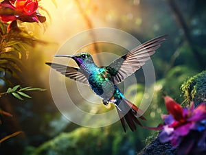 Bird in fly. Flying hummingbird. Action wildlife scene from nature. Hummingbird from Costa Rica in tropic forest