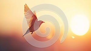 A bird flying in the air with a bright sun behind it, AI