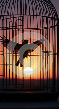 Bird flying out of cage sunset