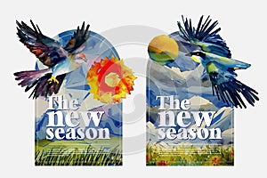 Bird flying over blue sky and green grass. The new season. Wine label packaging design.