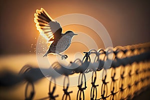 Bird flying over a fence at sunset. Shallow depth of field