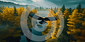 Bird flying over nature forest and river. Wildlife flight landscapes mountains. generative ai photo