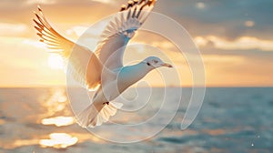 A bird flying over the ocean at sunset with a beautiful sky, AI