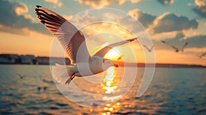 A bird flying over the water at sunset with a beautiful sky, AI
