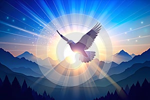 A bird is flying in the sky above a mountain range