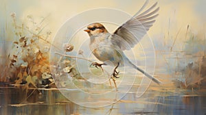 Graceful Bird In Flight: Abstract Oil Painting With Soft Colors photo