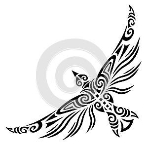 Bird flying tattoo tribal stylised maori koru design photo