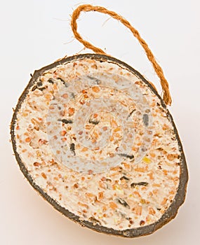 Bird food in a half coconut.